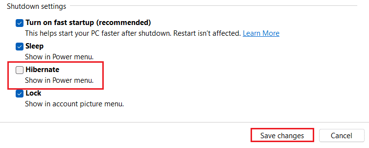 премахнете отметката от опцията Хибернация в настройките за изключване на Windows 11
