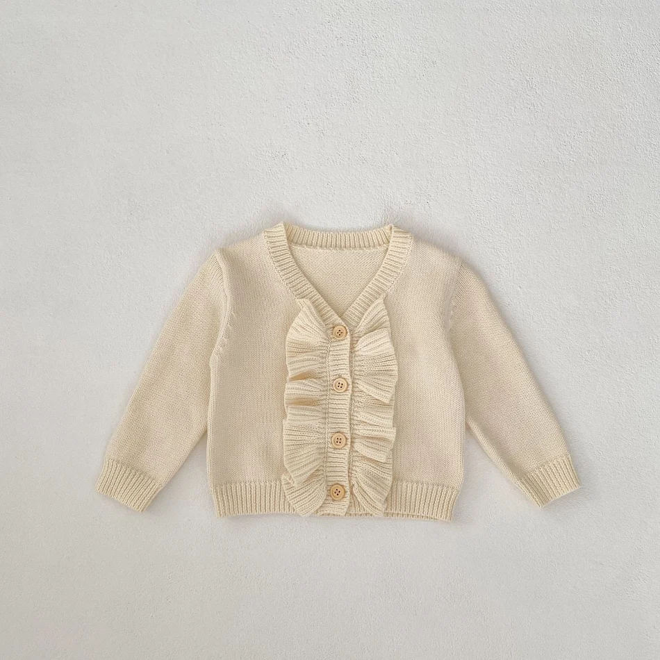 Spring Girls' V-neck Flounce Knitted Coat