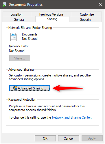 ปุ่ม Advanced Sharing จากโฟลเดอร์ Properties window