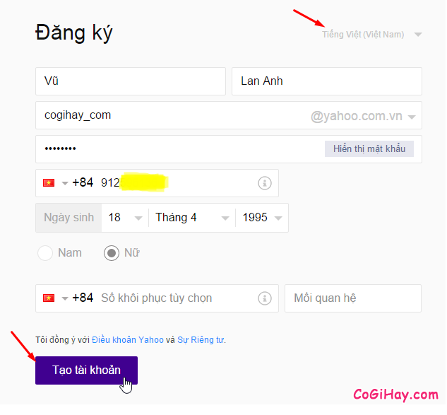 Điền thông tin đăng ký Yahoo