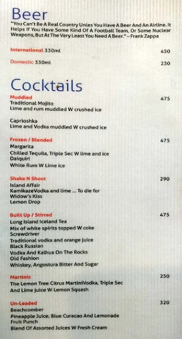 Slounge - Lemon Tree Hotel menu 