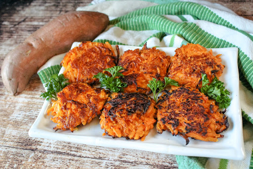 A platter of Sweet Potato Latkes (Sweet Potato Pancakes).