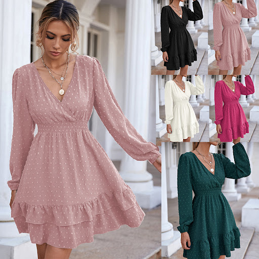 Title 5, V-Neck Long Sleeve Ruffle Fitted A-Line Skirt. ...