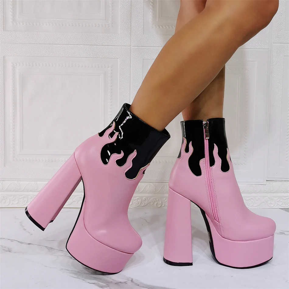 Gothic Water Stage Flame Thick Heel Fashion Super High Heel Plus Size 47 Women's Short Boots