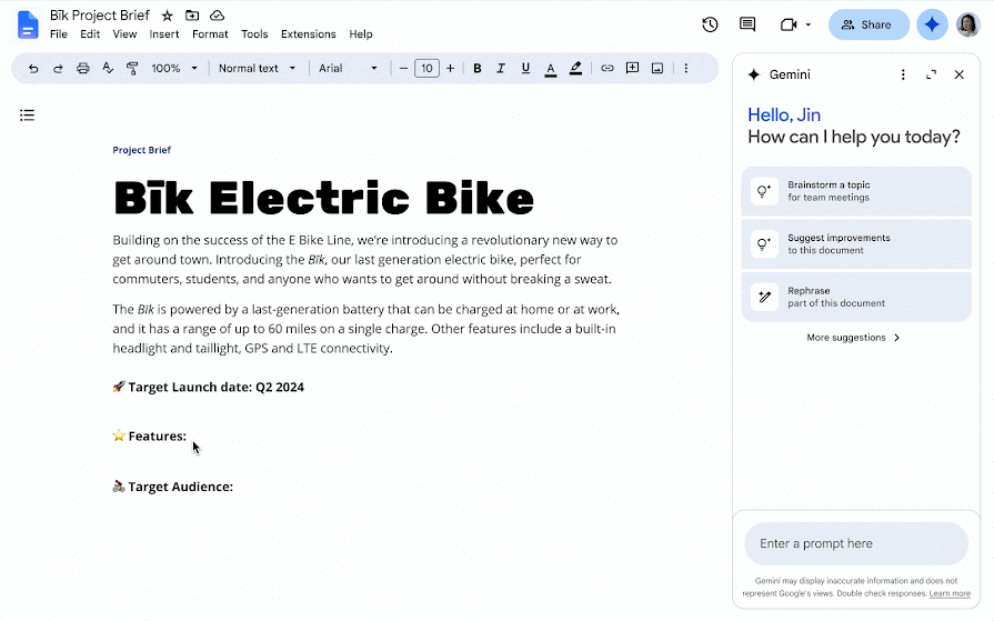 An animation that shows how to ask Gemini in Docs about a proposal for a new electric bike