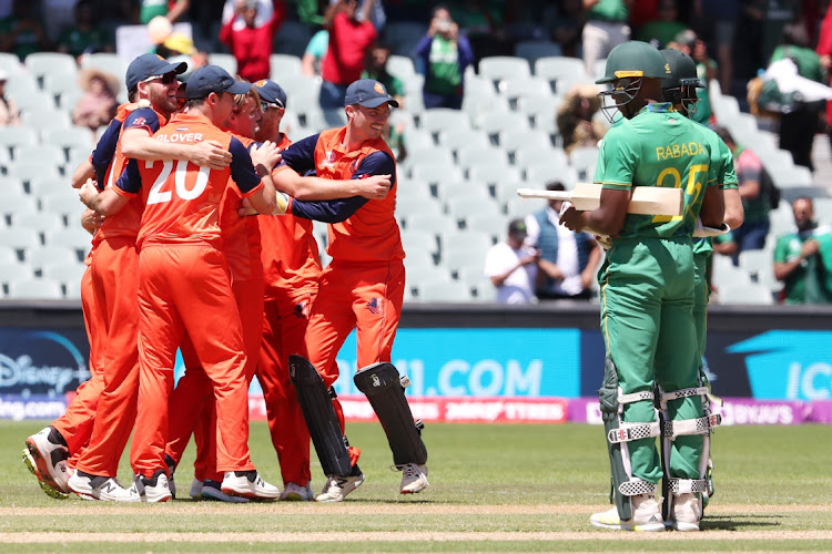 Netherlands players celebrate the win during the ICC Men's T20 World Cup victory over South Africa at Adelaide Oval on Sunday.