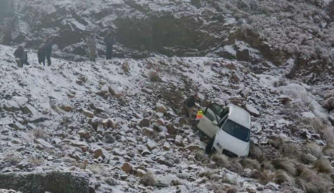 An Audi Q5 slid off an icy road on the snow-engulfed Sani Pass near Underberg.