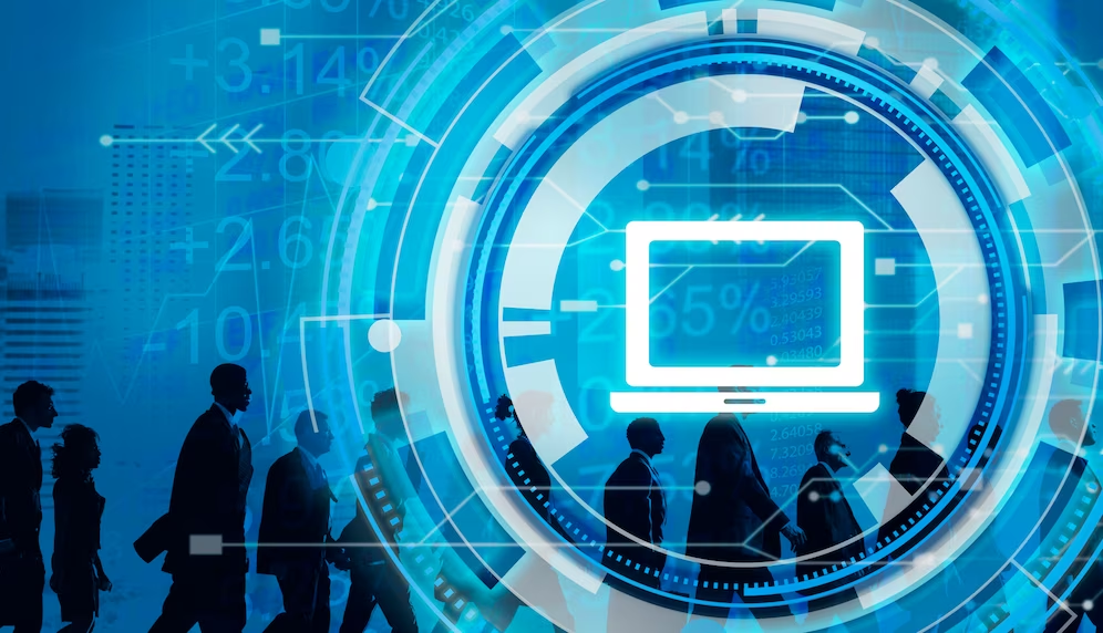 Digital blue heads-up display (HUD) interface on a laptop, representing the cutting-edge technology in a tech company in a work experience programme."