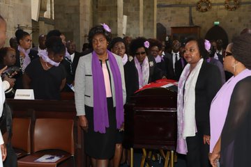 Kirinyaga Governor Anne Waiguru and Kitui Governor Charity Ngilu during the memorial service of the late Bomet Governor Joyce Laboso in Nairobi on August 1, 2019.