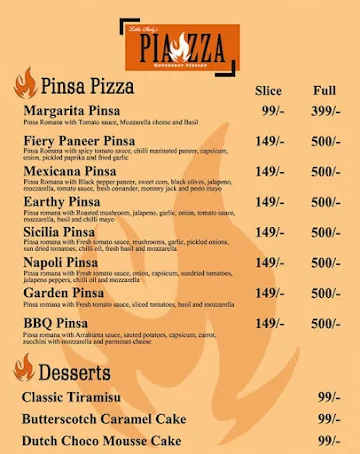 Piazza Pizzas menu 