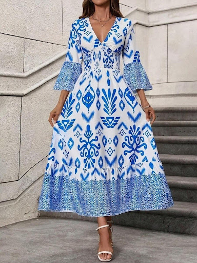 Title 2, Womens Fashion Printed Casual V-neck Long Dress