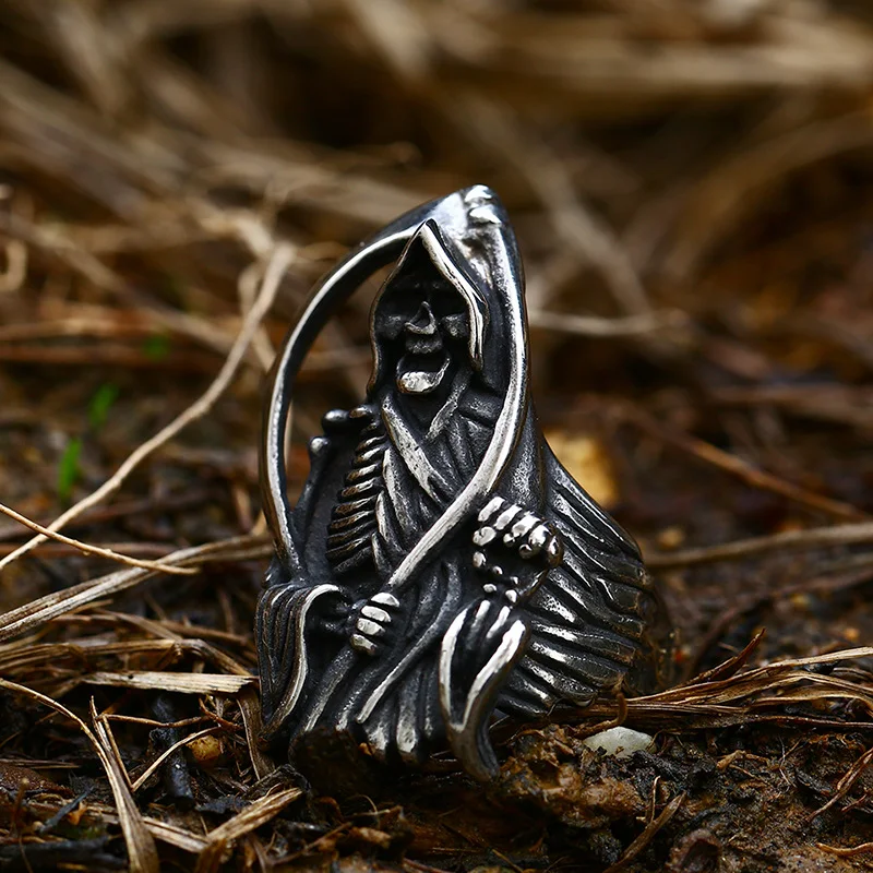 RVS gegoten doodssikkel retro titanium stalen schedel herenring – Stoere ring voor mannen die van een statement houden.
