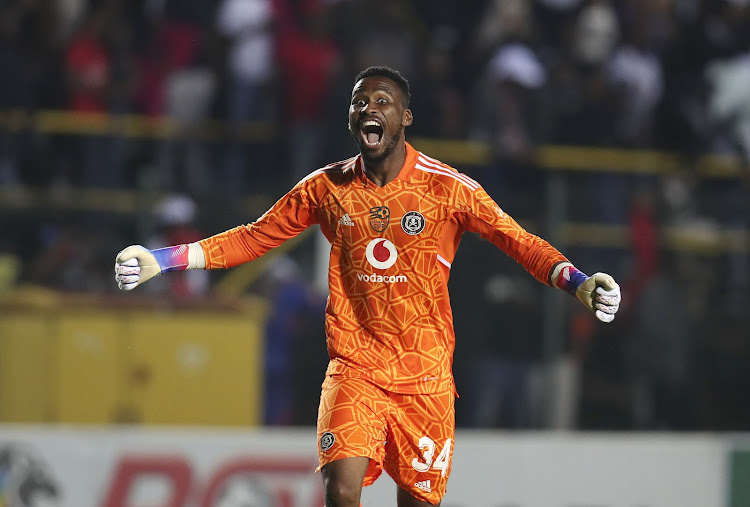 Orlando Pirates goalkeeper Sipho Chaine celebrates during the Nedbank Cup Last 32 match against All Stars at the Wits Stadium, Johannesburg on the 11 February 2023.