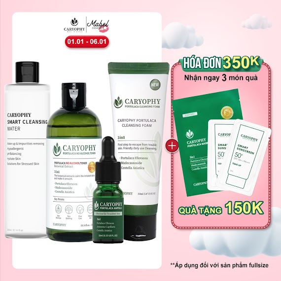 Bộ Chăm Sóc Da Giảm Mụn Mờ Thâm Caryophy Portulaca (Tẩy Trang 300Ml Sữa Rửa Mặt 150Ml Toner 300Ml Serum 10Ml)