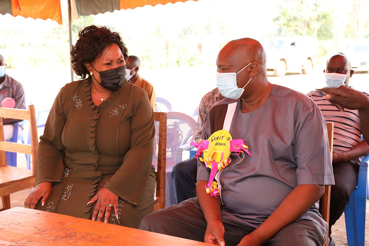 Busia Woman Rep Florence Mutua and Governor Sospeter Ojaamong at Okisimo Primary School in Teso South on October 17, 2021.