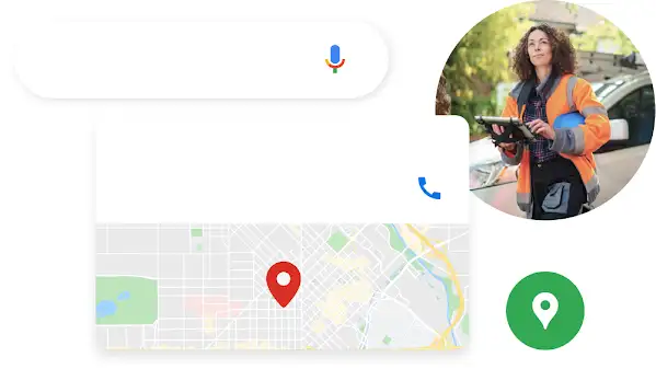Búsqueda de “fontaneros cerca de mí” con un ejemplo de anuncio relacionado que muestra la ubicación de la empresa en un mapa