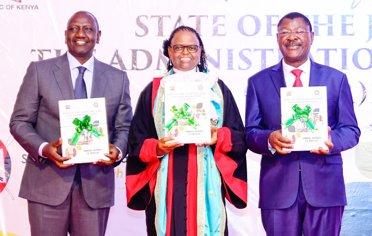 President William Ruto, Chief Justice Martha Koome and Speaker of the National Assembly Moses Wetang'ula during the Launch of The Judiciary and the Administration of Justice Report for Financial Year 2021/22 at Supreme Court, Nairobi /PCS