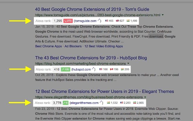 Alexa rank in Google Search, Bing and Yahoo chrome extension