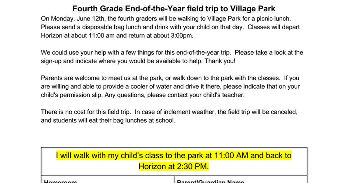 Fourth Grade Village Park 2017