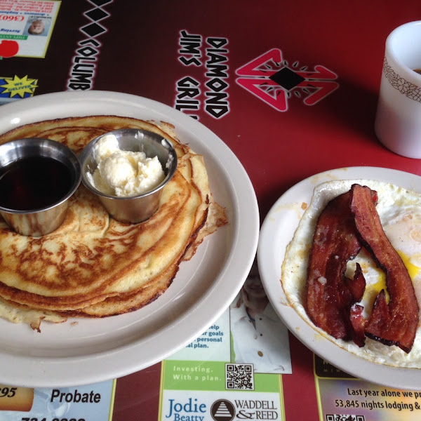 The 2-2-2 Breakfast. Two eggs, two bacon, two GF pancakes.