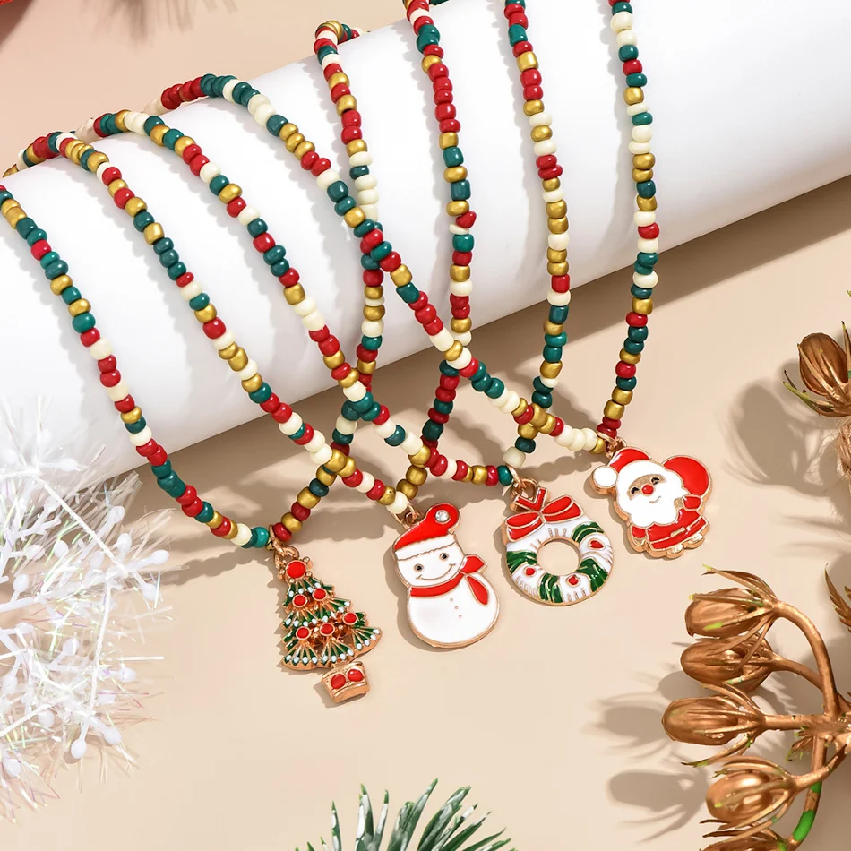 Collier de Noël femme, guirlande Père Noël perles colorées, accessoires de bijoux pour les fêtes de fin d'année.