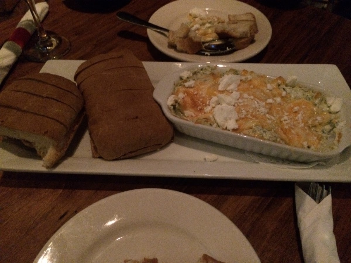 Spinach attic joke dip with delicious GF bread!