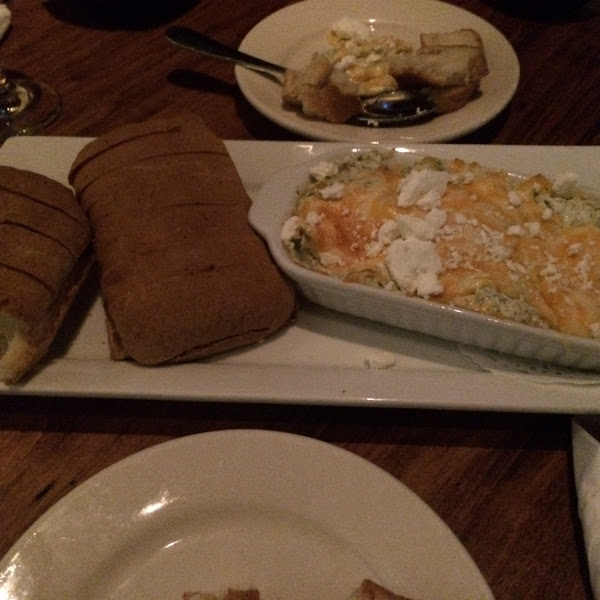 Spinach attic joke dip with delicious GF bread!