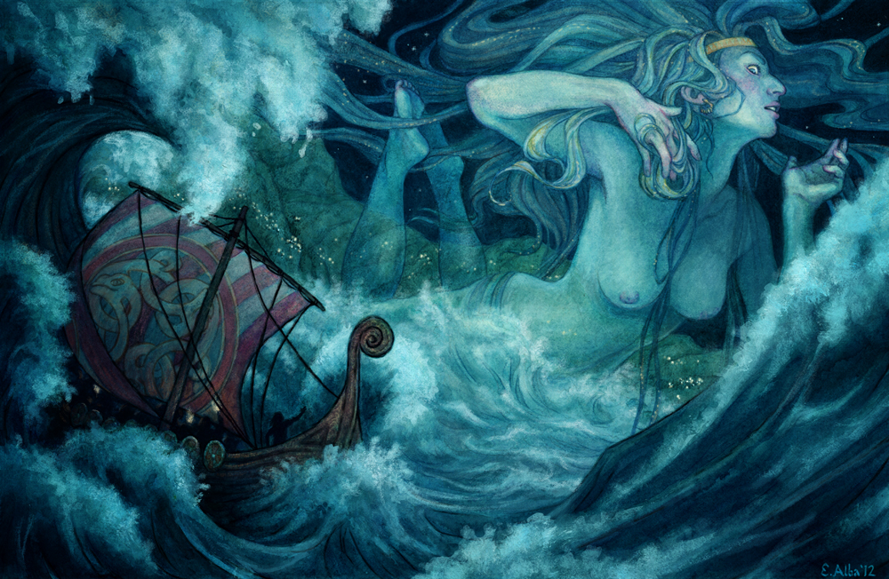 This is an artistic representation of a vessel navigating through turbulent waters, with the sea goddess Ran depicted in the foreground.