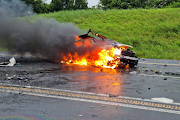 A vehicle caught alight after a collision in which two people were killed in KwaZulu-Natal. 