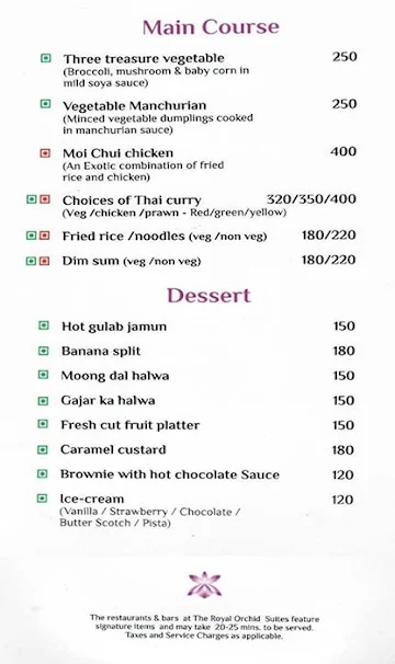 Burgundy, Royal Orchid Suites menu 