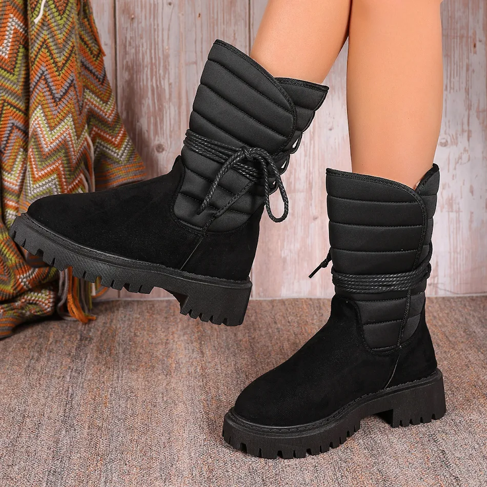 Stivali da neve da donna con tacco largo, caldi in inverno, con fodera in pile e lacci. Scarpe casual alla moda per l'inverno.