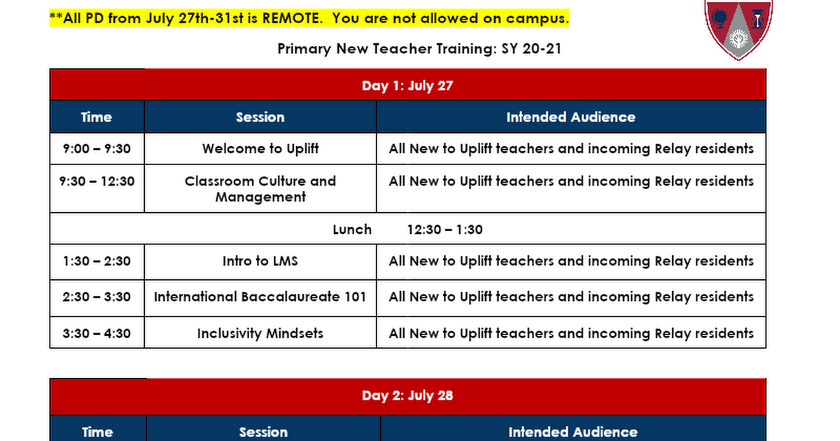 PEAK 2020 Summer PD Schedule