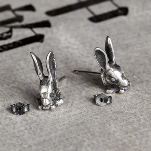 Title 3, S925 Sterling Silver Retro Punk Rabbit Stud Ear...