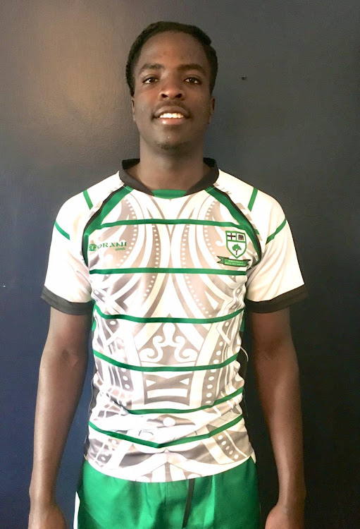 Maseno School's rugby assistant captain Gabriel Ayimba modelling the new kit