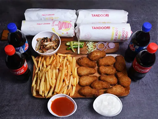 Fully Loaded Shawarma (2nos) + Tandoori Shawarma (2nos) + French Fries + Chicken Nugget + Cold Drink