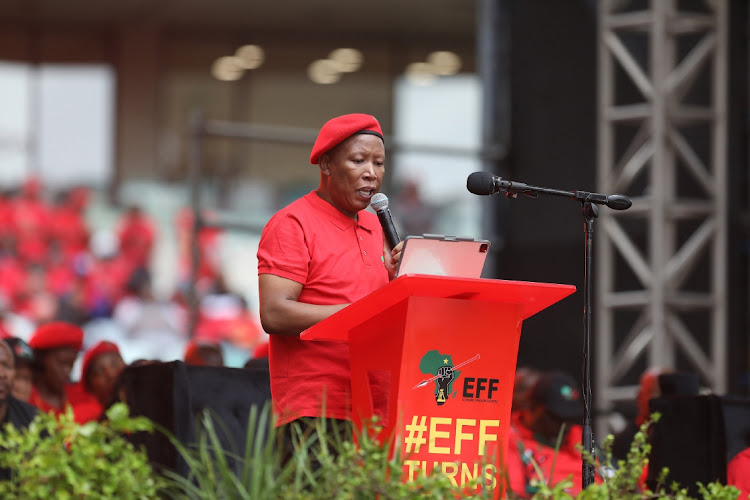 EFF president Julius Malema speaks during the party manifesto launch at Moses Mabhida Stadium in Durban before the general elections this year. Picture: SANDILE NDLOVU