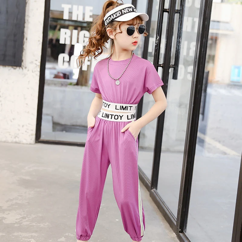 Mädchen Casual Sportmode Anzug, zweiteiliger Kurzarm-Anzug für Grund- und Mittelschüler, bequemer Freizeitlook für aktive Kinder