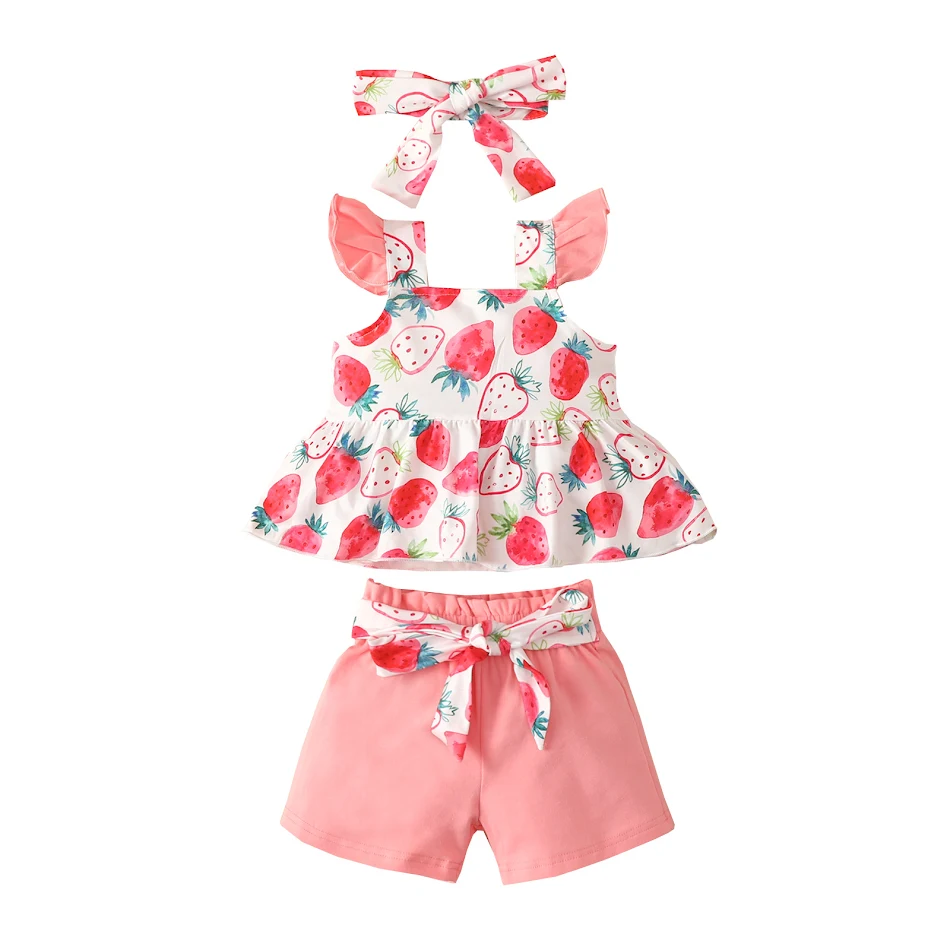 Girls' fashion three-piece suit with flounced sleeve top and shorts, a stylish and comfortable outfit, perfect for every
