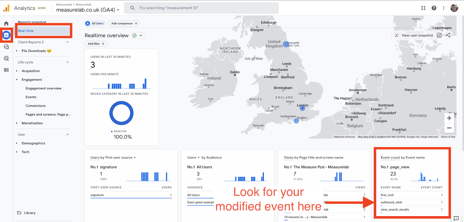 The Google Analytics (GA4) real-time report highlighting the 'Event count by Event name' section.