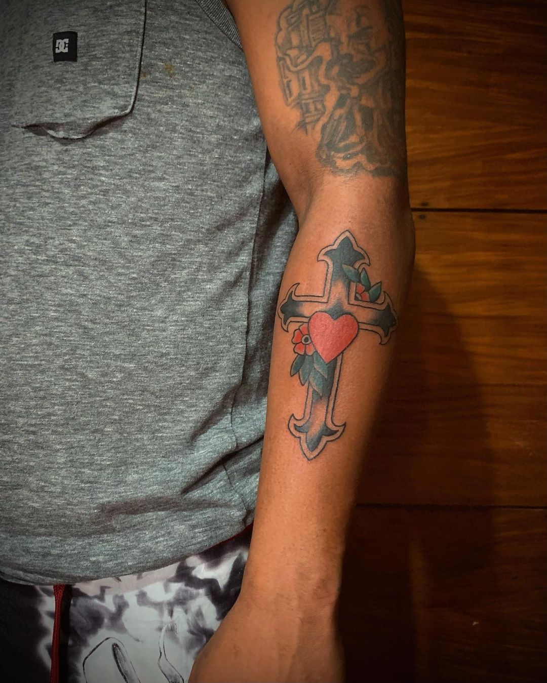 Classic Cross With Heart Tattoo On Arm