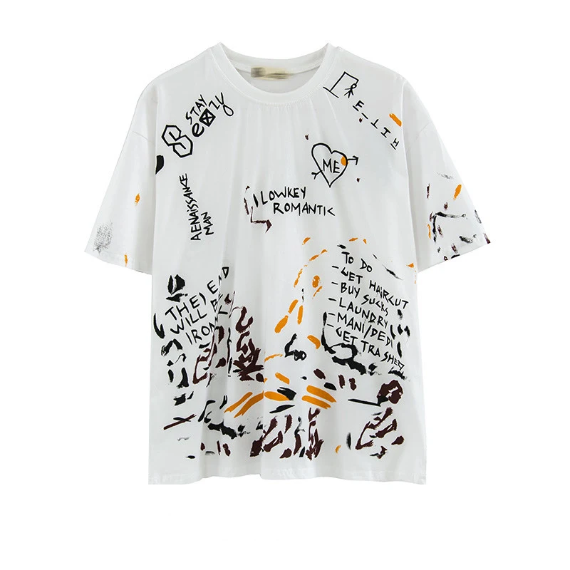  New Ins Hong Kong Style Japanese Graffiti Printing Short-Sleeved T-shirt Male Korean Version Of The Trendy Handsome Loo