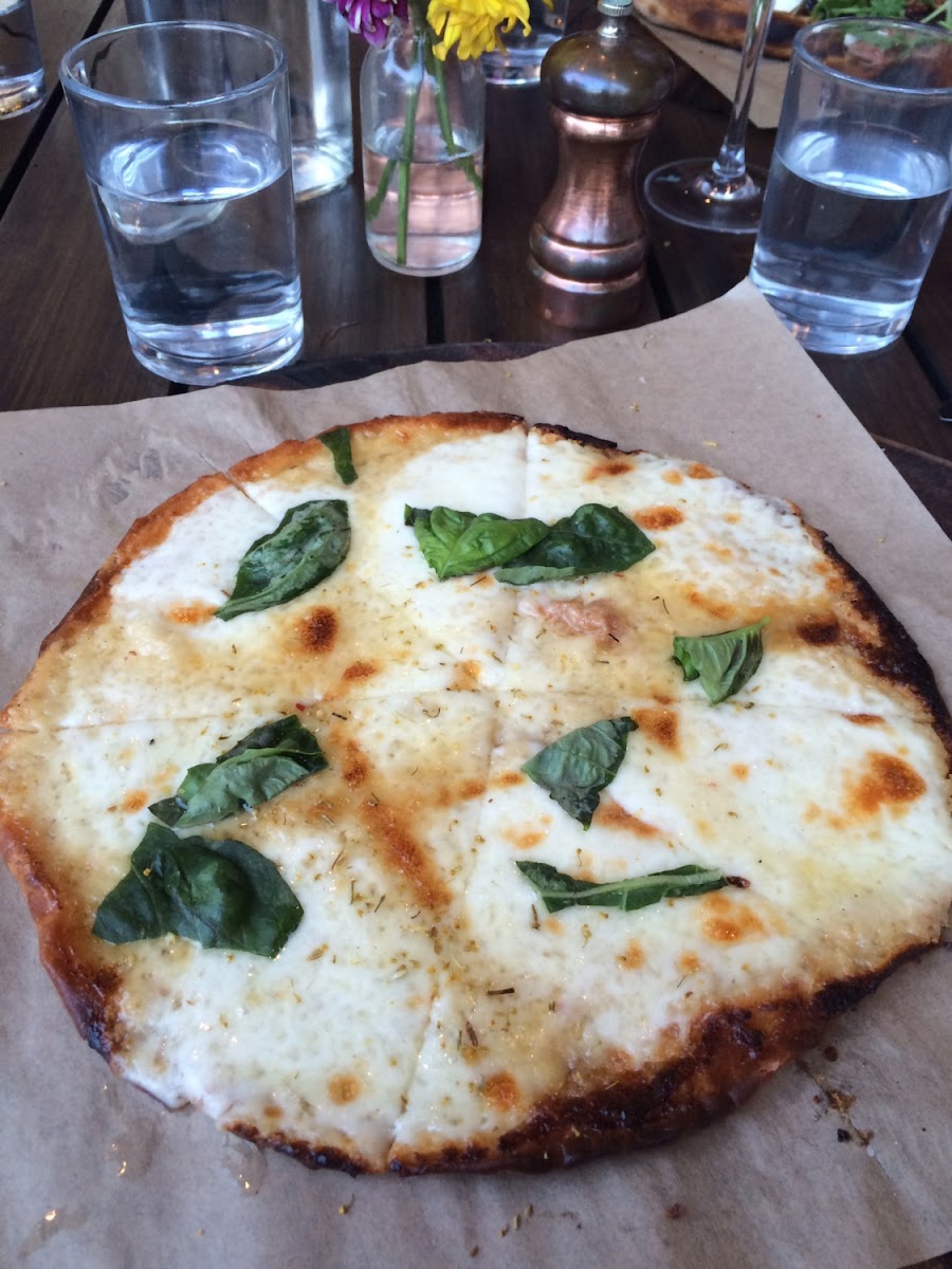 GF cheese pizza with basil.