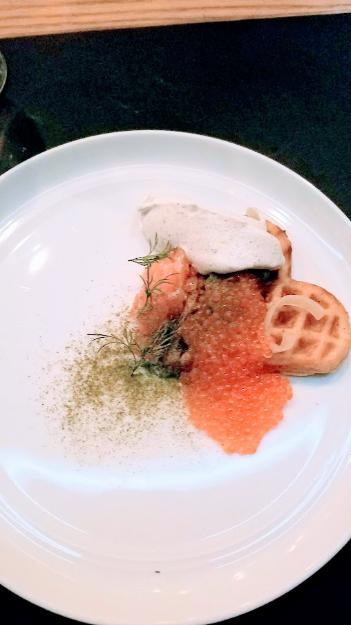 Fimbul PDX Konudagur Dinner course of dung-smoked trout, waffle, leak ash