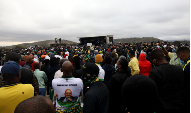 Former president Jacob Zuma, flanked by suspended ANC secretary-general Ace Magashule and others, addresses supporters in Nkandla on Sunday