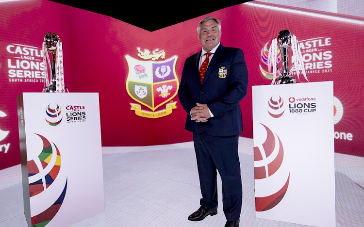 Jason Leonard, chairman of the British and Irish Lions, poses for a photo next to the Lions Series trophy during the British and Irish Lions squad and captain announcement on May 6 2021.