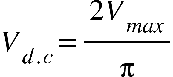 <math xmlns="http://www.w3.org/1998/Math/MathML"><msub><mi>V</mi><mrow><mi>d</mi><mo>.</mo><mi>c</mi></mrow></msub><mo>=</mo><mfrac><mrow><mn>2</mn><msub><mi>V</mi><mrow><mi>m</mi><mi>a</mi><mi>x</mi></mrow></msub></mrow><mi mathvariant="normal">&#x3C0;</mi></mfrac></math>