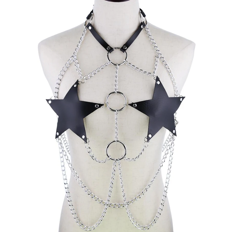 Cinturón de pecho de pentagrama de cuero para mujer, cadena corporal gótica. Perfecto para realzar tu figura, ideal para festivales y eventos.