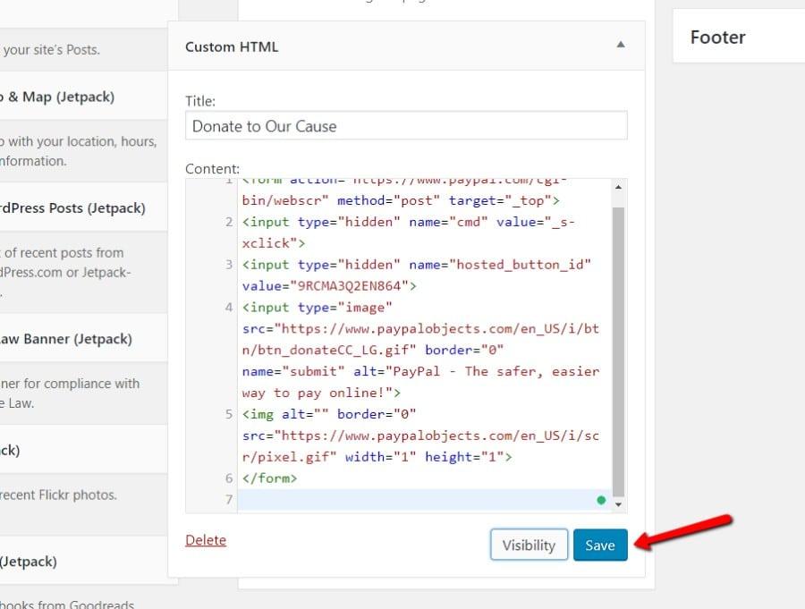 Paste PayPal embed code into widget