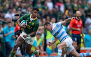 The Springboks' Canan Moodie on attack during the Rugby Championship match against Argentina at Kings Park in Durban on September 24 2022.