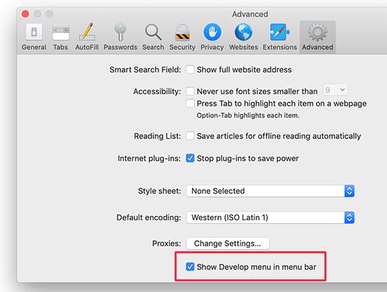 Ative o menu Desenvolver no Safari